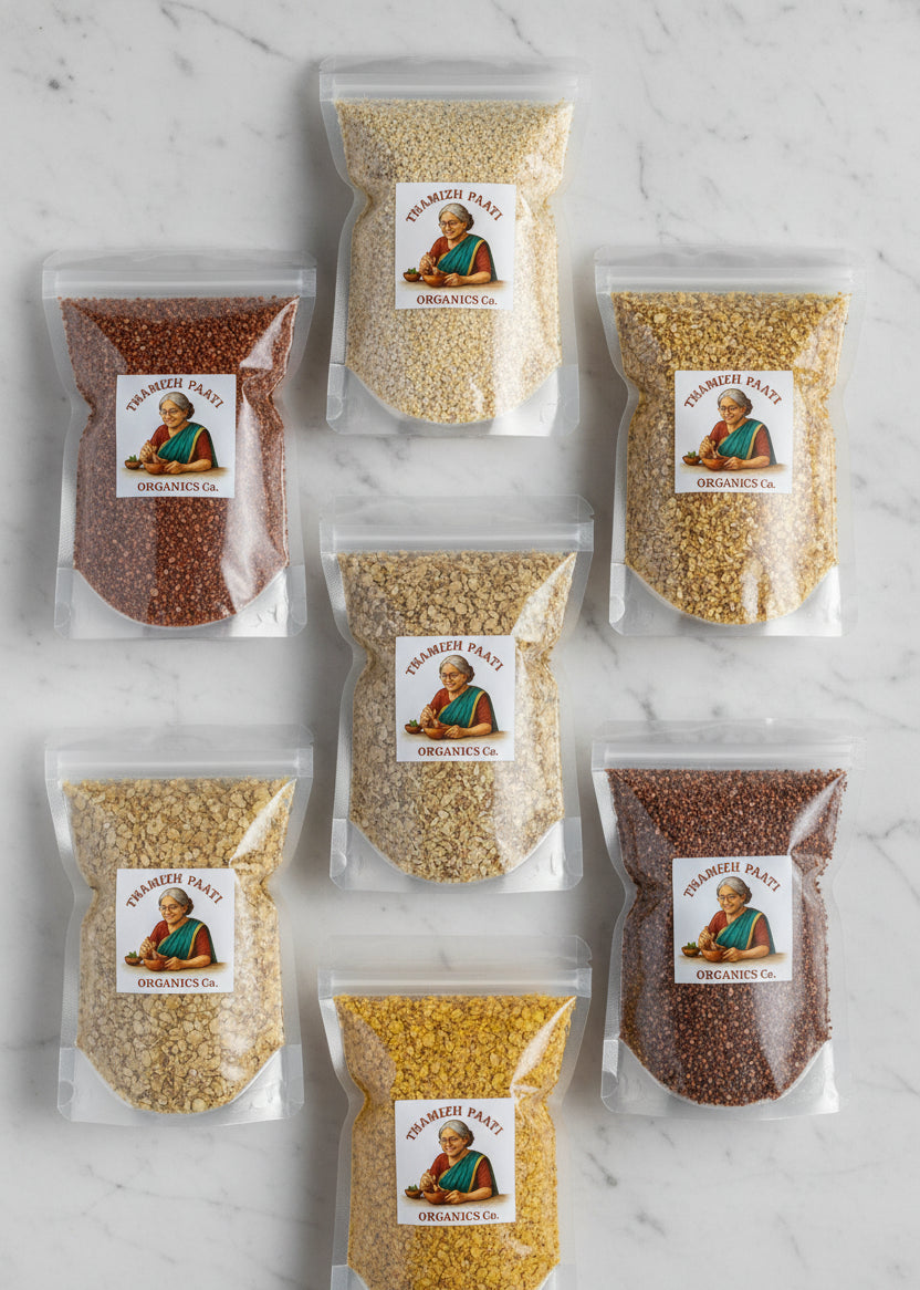 AVAL SUPER SAVER COMBO 7 X MILLETS AVAL - MAPILLAI SAMBA RED RICE AVAL, RAGI (FINGER MILLET) AVAL, CHOLAM (JOWAR) AVAL, VARAGU (KODO MILLET) AVAL, KUTHIRAIVALI (BARNYARD MILLET) AVAL, THINAI (FOXTAIL MILLET) AVAL, KAMBU (PEARL MILLET) AVAL
